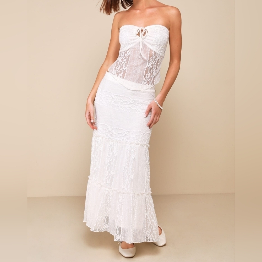 Lulu's White Strapless Lace Midi Dress